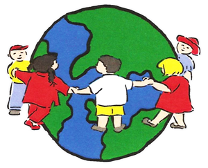 Cartoon of Kids dancing around globe